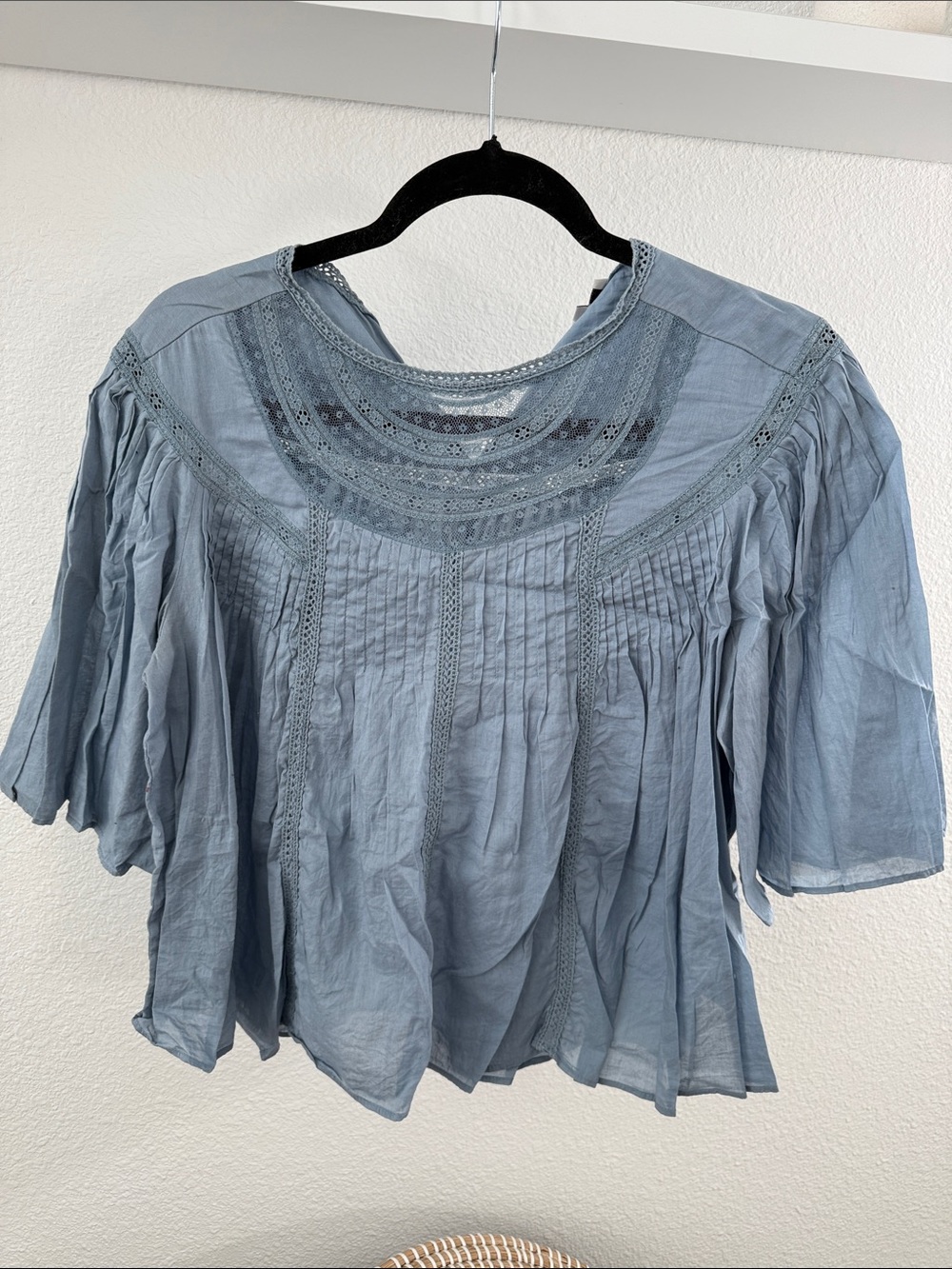 Light Blue Women's Pleated Blouse with Lace